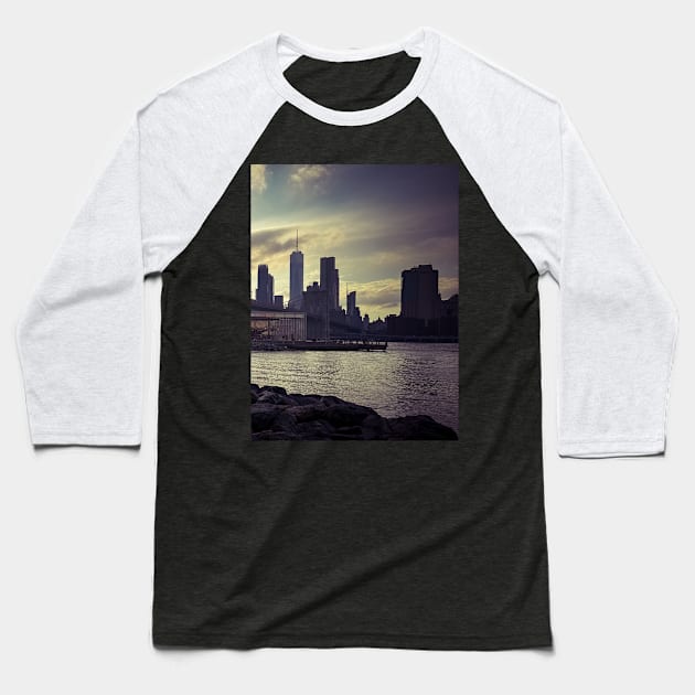 Manhattan Skyline Brooklyn Sunset NYC Baseball T-Shirt by eleonoraingrid